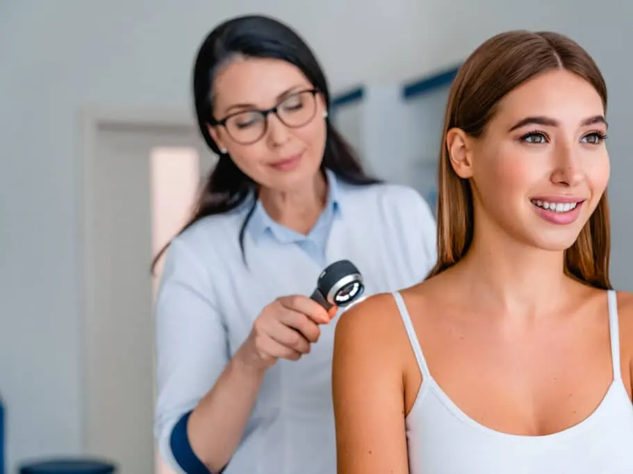 A doctor screening a woman for melanoma.