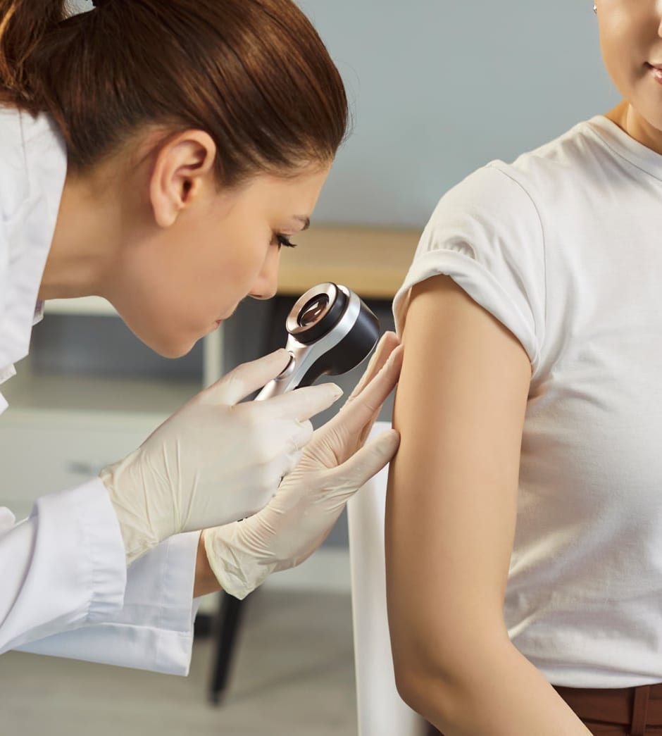 Gloved provider examining a patient's arm with a dermatoscope
